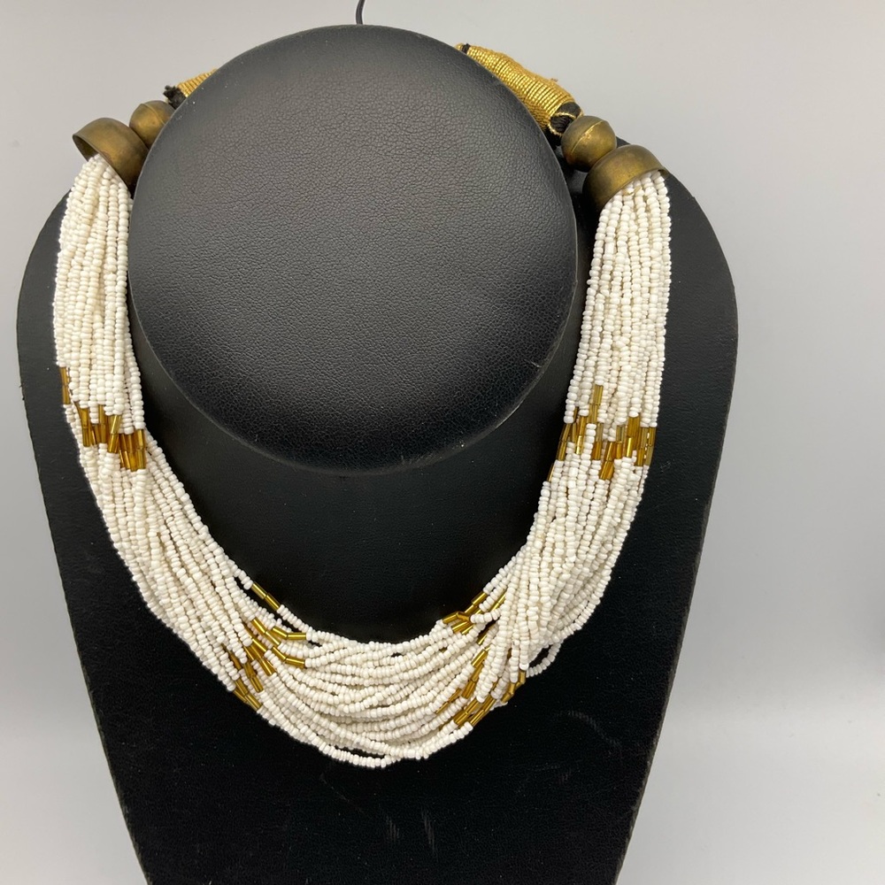 Vintage Chic Native American Ethnic Seed Bead Multi Strand White Gold Necklace